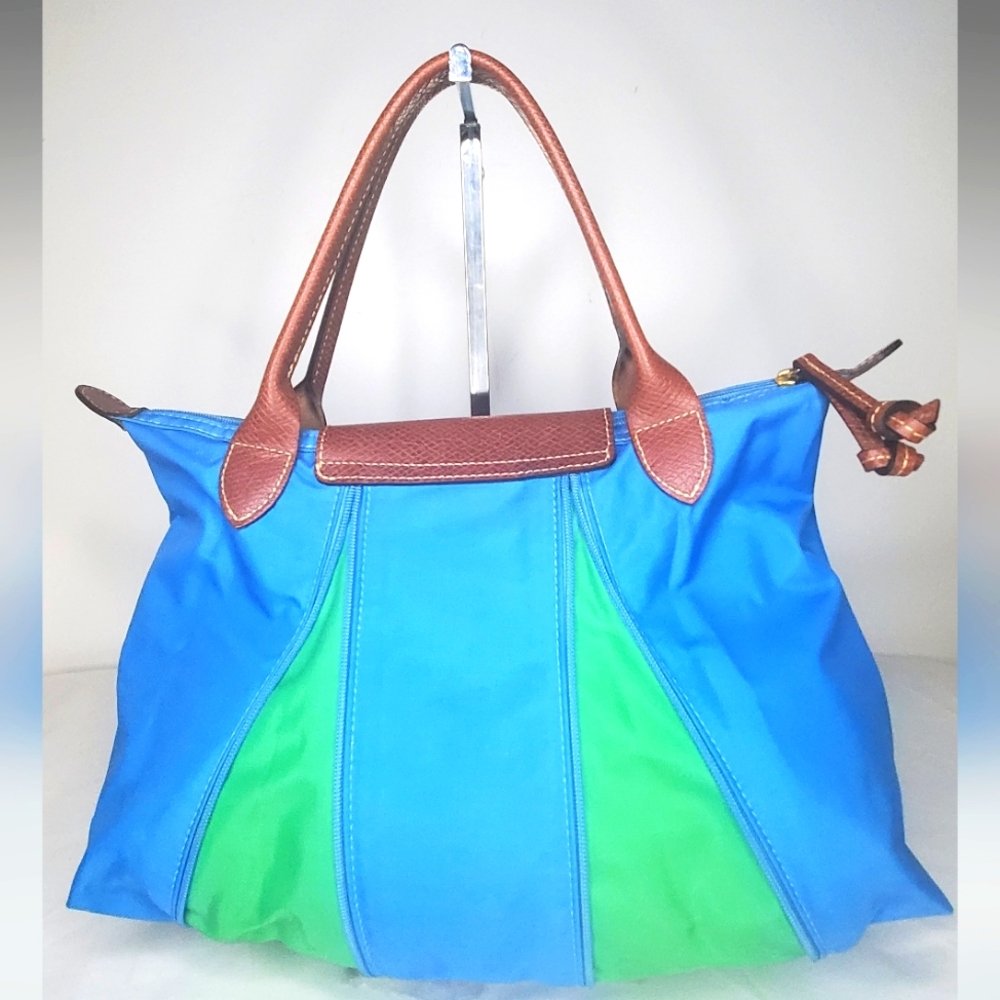 LONGCHAMP Stylish "Le Pliage"Small Expandable Top Handle Blue and Green Tote Bag - Picture 5 of 16